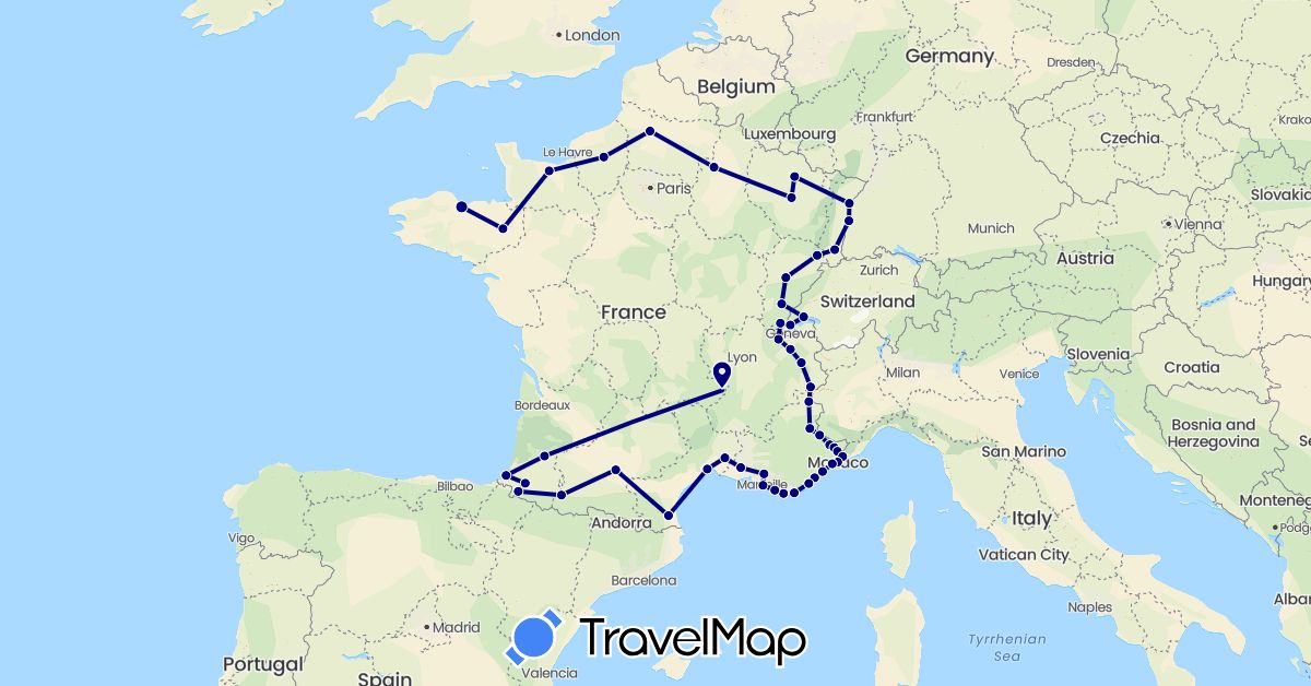 TravelMap itinerary: driving in Switzerland, Germany, France, Italy, Monaco (Europe)
