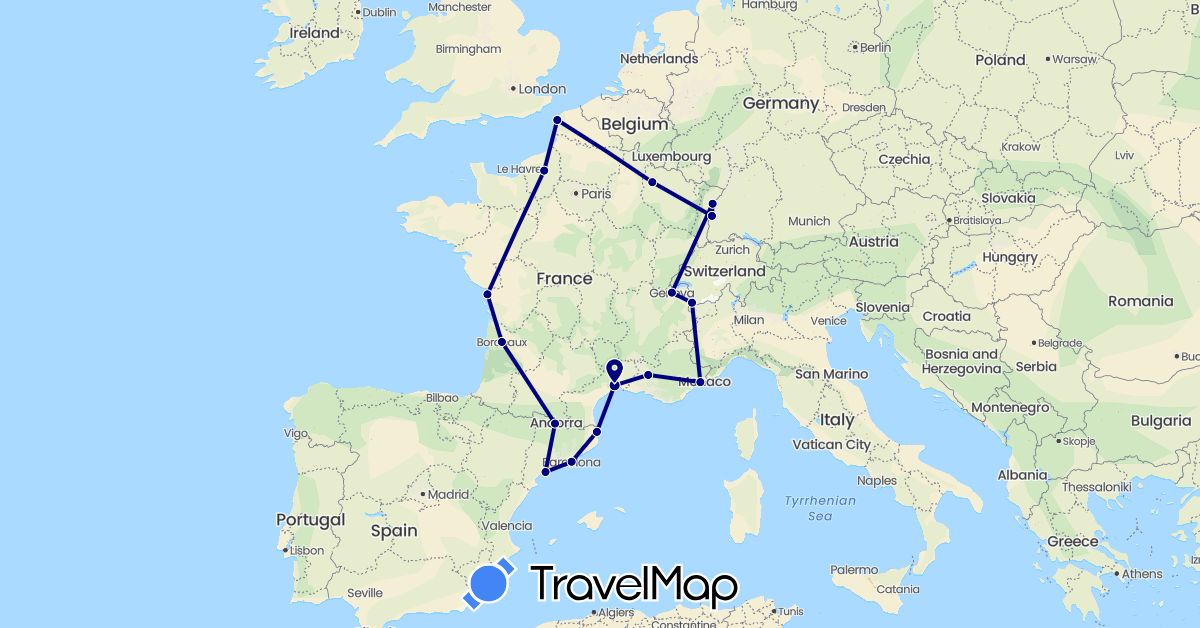TravelMap itinerary: driving in Andorra, Switzerland, Germany, Spain, France (Europe)